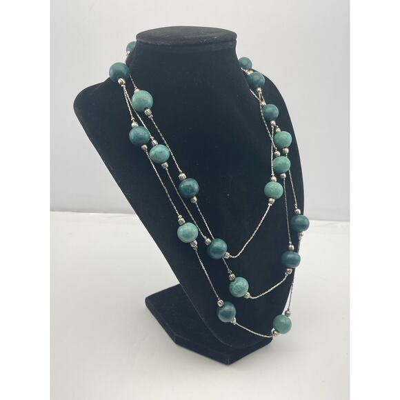 Vintage Green Beaded Silver Tone Bead Chain Necklace B8 - Picture 5 of 9